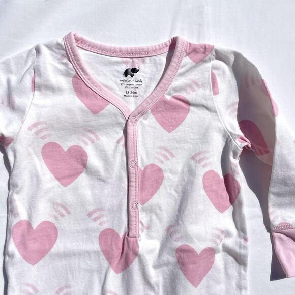 Monica + Andy Pink Heart Print 1 Piece Romper Pajamas Girls 18-24 Months Organic - Picture 2 of 3
